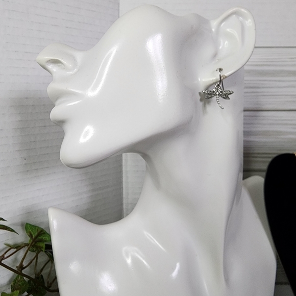 Silver Dragonfly Pendant Black Leather Cord Necklace Earrings Set New - Picture 9 of 11